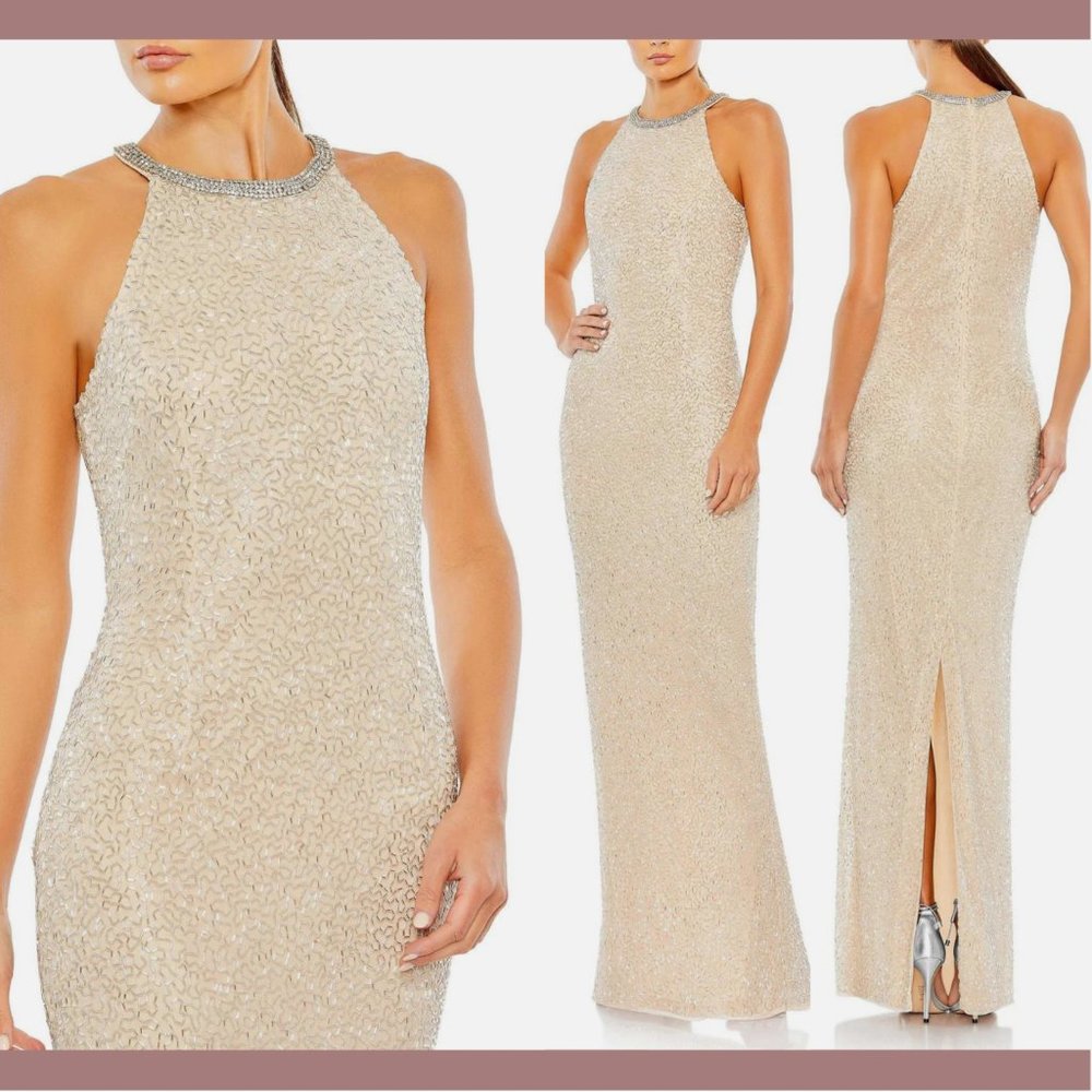 NWT $498 Mac Duggal [ 12 ] Beaded Sleeveless High‎ Neck Column Gown Nude